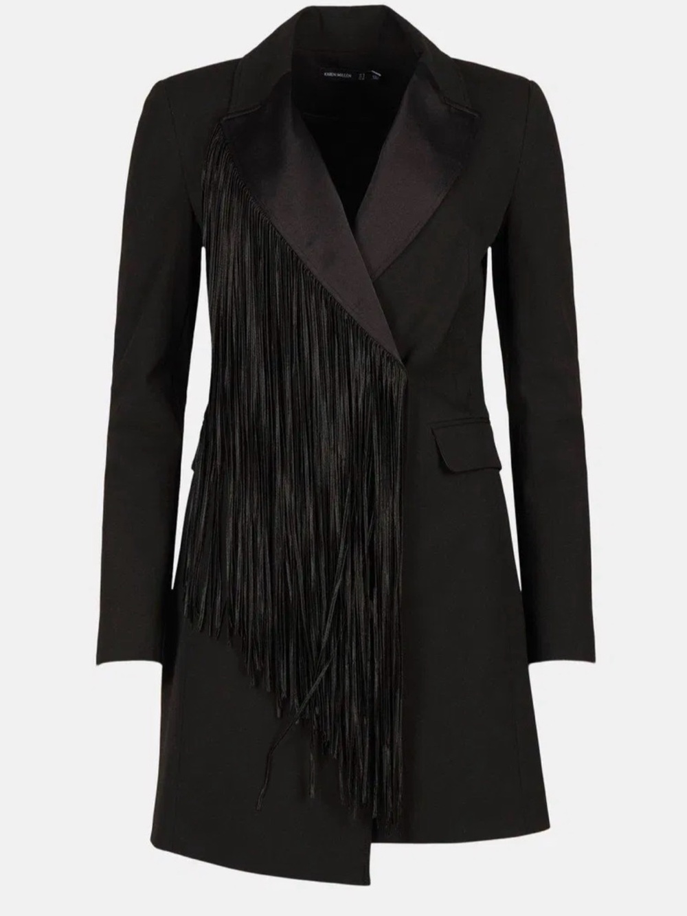 KAREN MILLEN Black Fringe Satin Lapel Blazer Dress sz 12, new